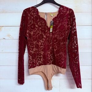 GIANNI‎ BINI Bodysuit Women’s Size XL Bordeaux Knit Velvet Lace City Soiree New